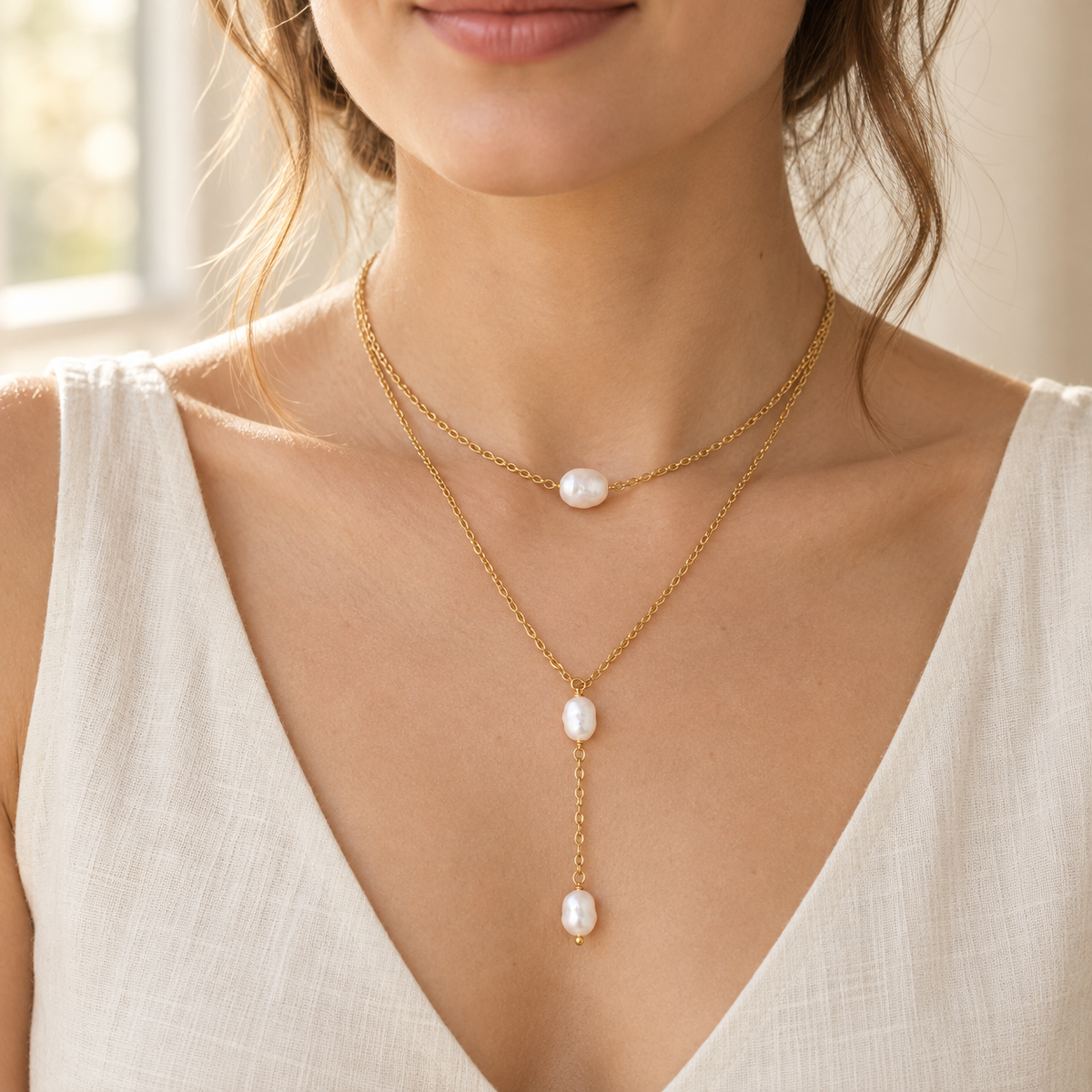Pearl choker and lariat necklace set in 18k gold filled, worn with a white blouse
