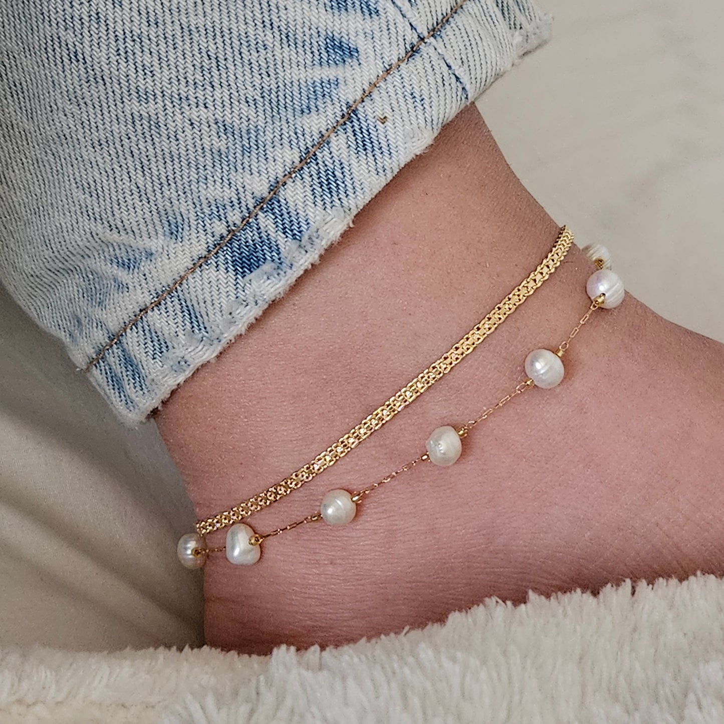 Freshwater Pearl Anklet, Dainty Anklet Bracelet For Woaman, Waterproof Anklet set