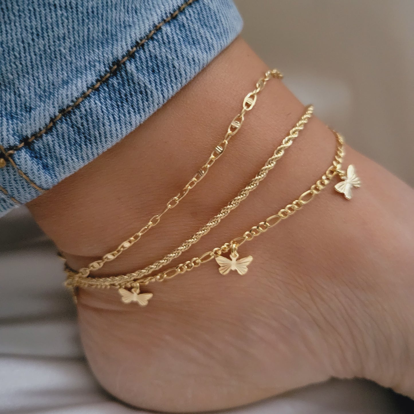 18k Gold Flilled dainty anklet for woman, Butterfly Anklet, Gold Rope Anklet, mariner Anklet