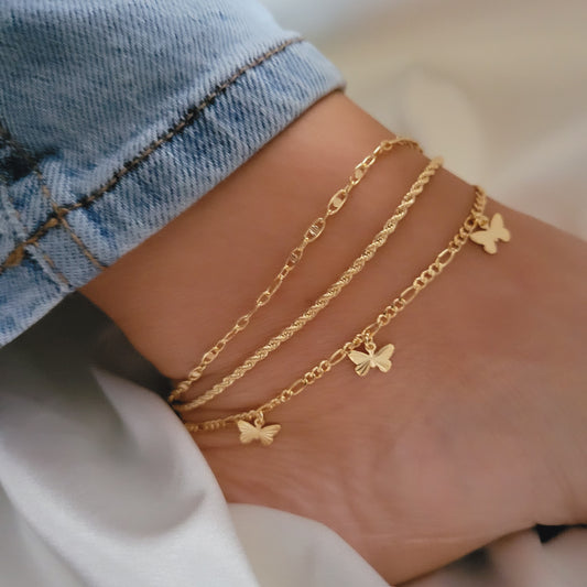 18k Gold Flilled dainty anklet for woman, Butterfly Anklet, Gold Rope Anklet, mariner Anklet