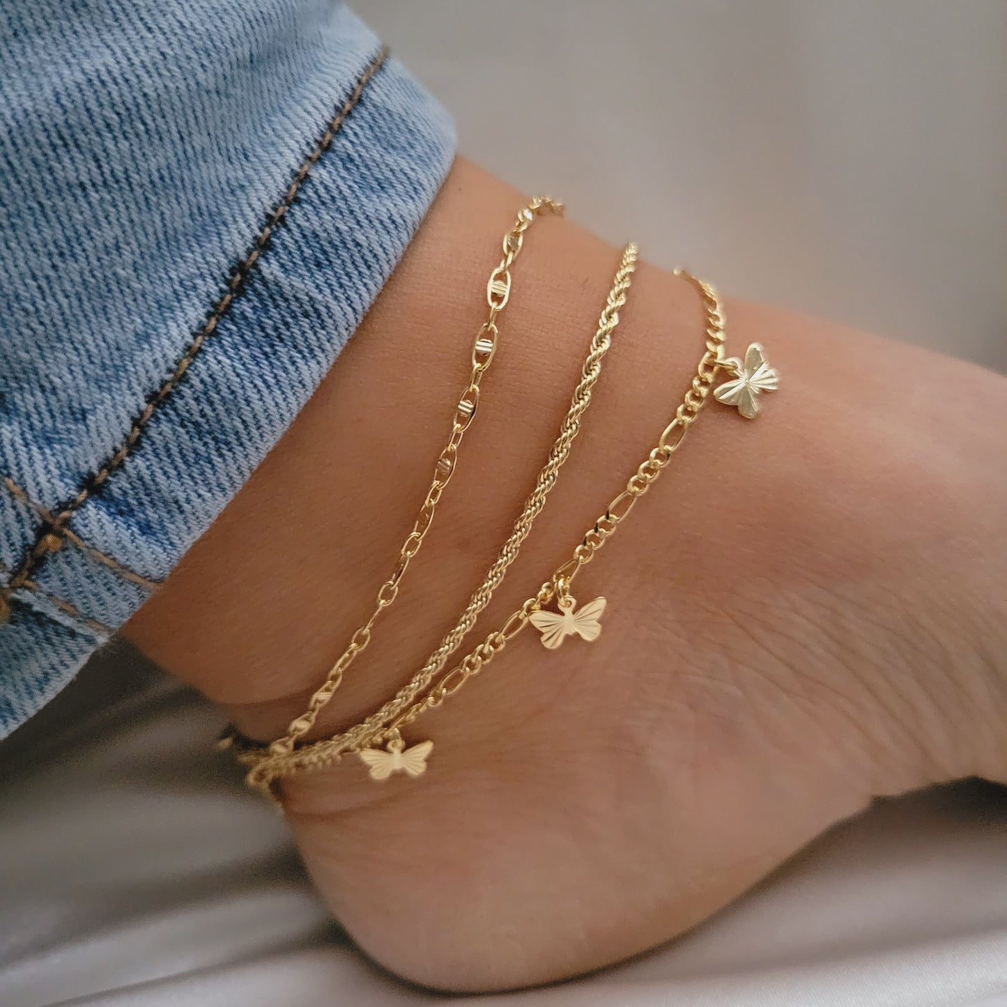 18k Gold Flilled dainty anklet for woman, Butterfly Anklet, Gold Rope Anklet, mariner Anklet