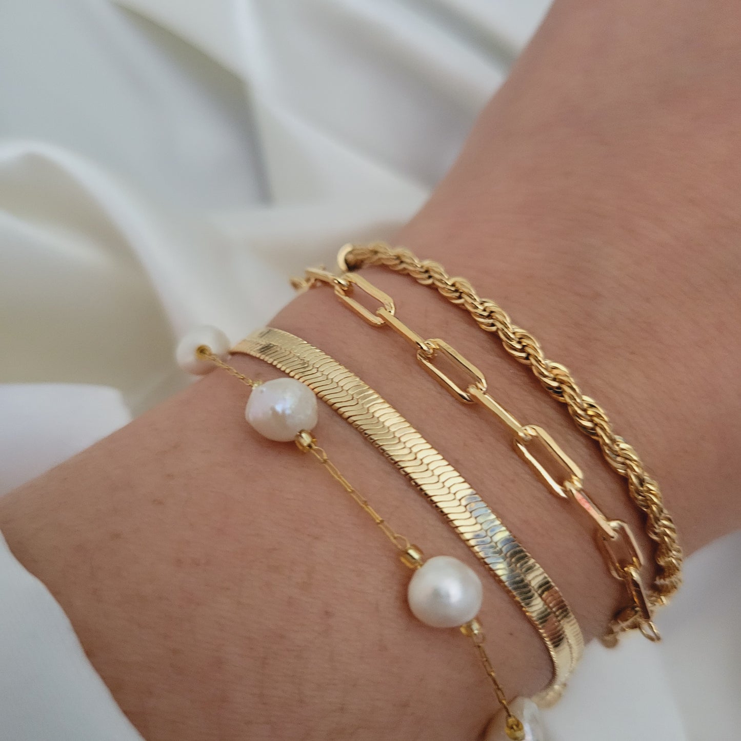 Pearl Bracelet, Herringbone Bracelet, Paperclip Bracelet, Rope Bracelet, Set for woman