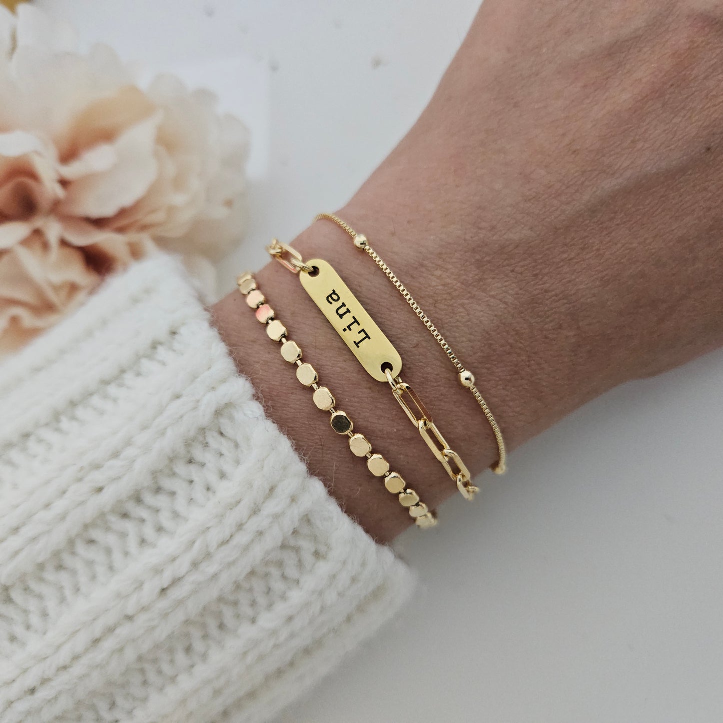 Custom Mini Name Bar Bracelet Set, Dainty Bracelet Gift Set, 18k Gold Filled Layering Bracelet