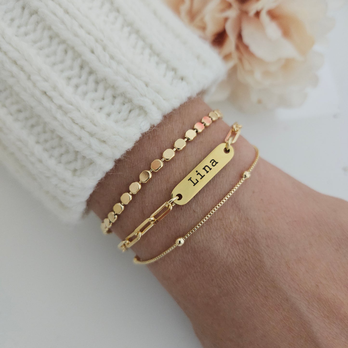 Custom Mini Name Bar Bracelet Set, Dainty Bracelet Gift Set, 18k Gold Filled Layering Bracelet