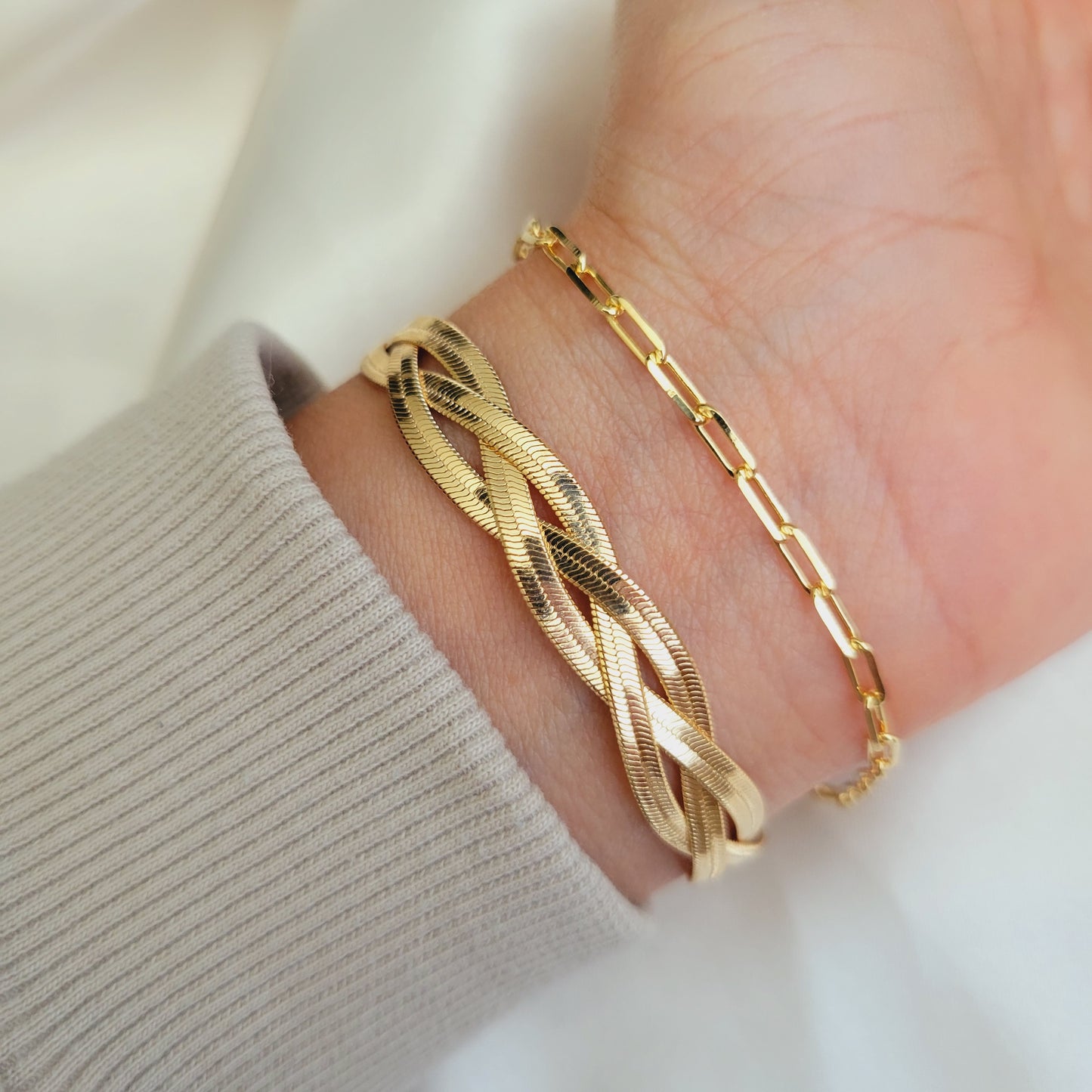 Triple Herringbone bracelet Set Snake Chain Bracelet Triple Twisted Herringbone 18k Gold Filled