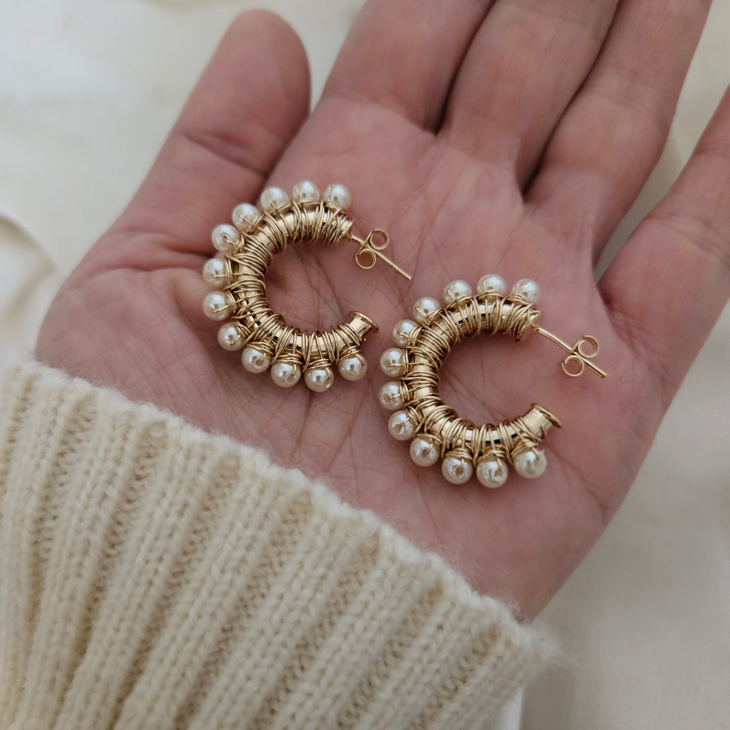 Pearl Hoops Earrings Gold Hoop Earrings  Ball Hoop Earrings