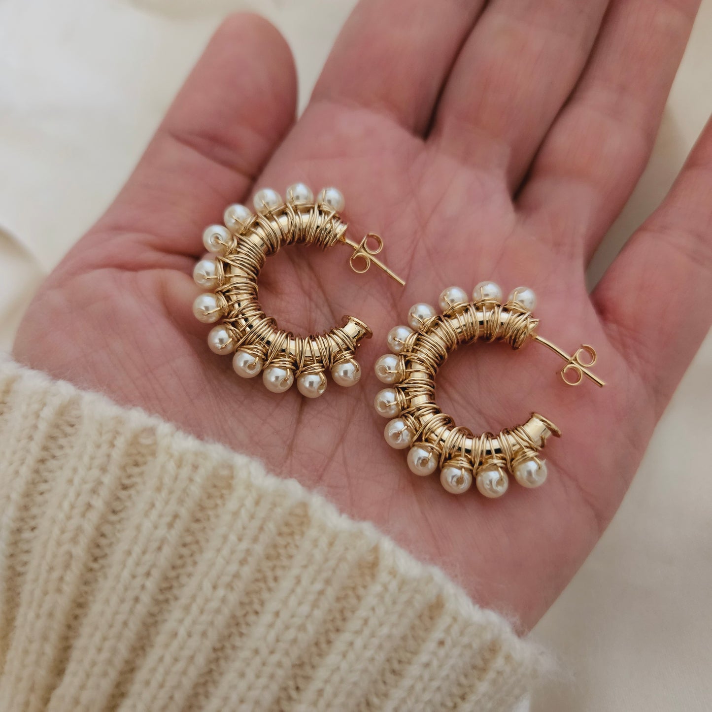 Pearl Hoops Earrings Gold Hoop Earrings  Ball Hoop Earrings