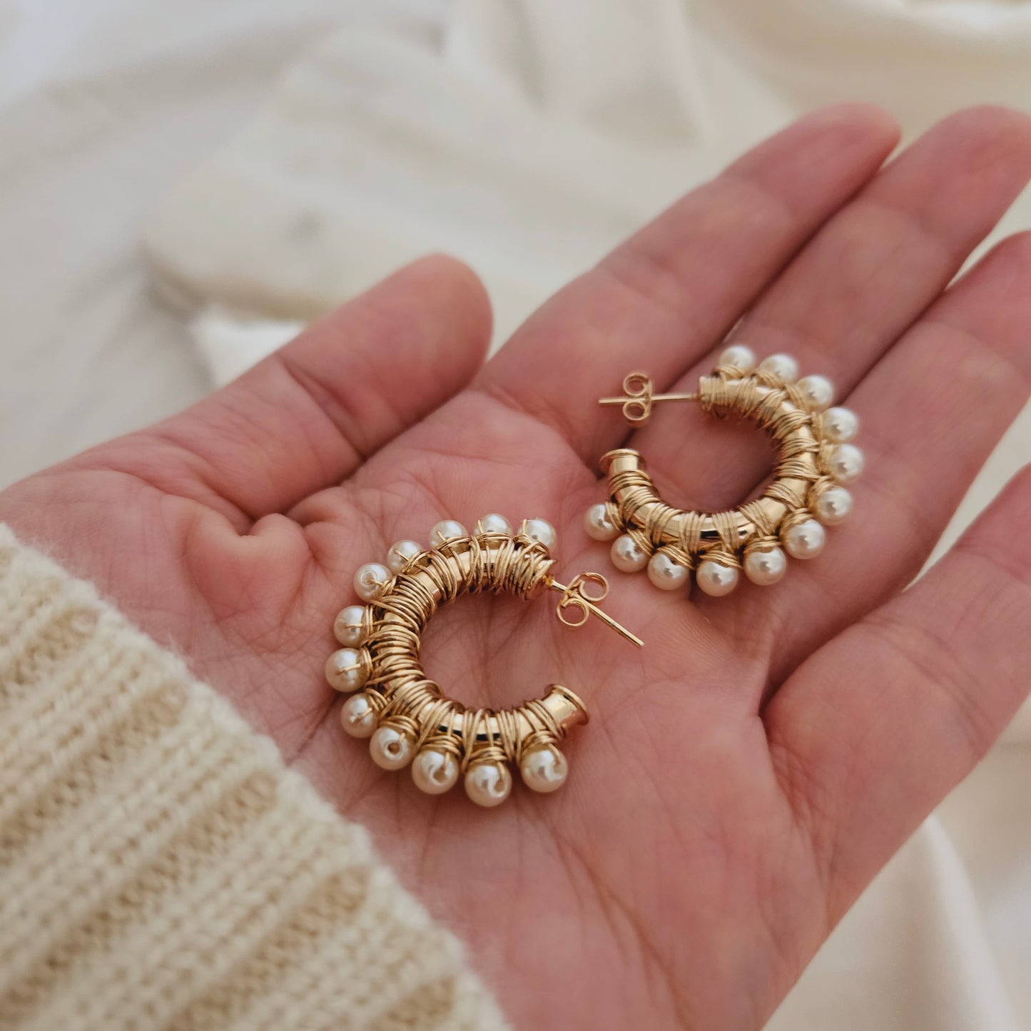 Pearl Hoops Earrings Gold Hoop Earrings  Ball Hoop Earrings