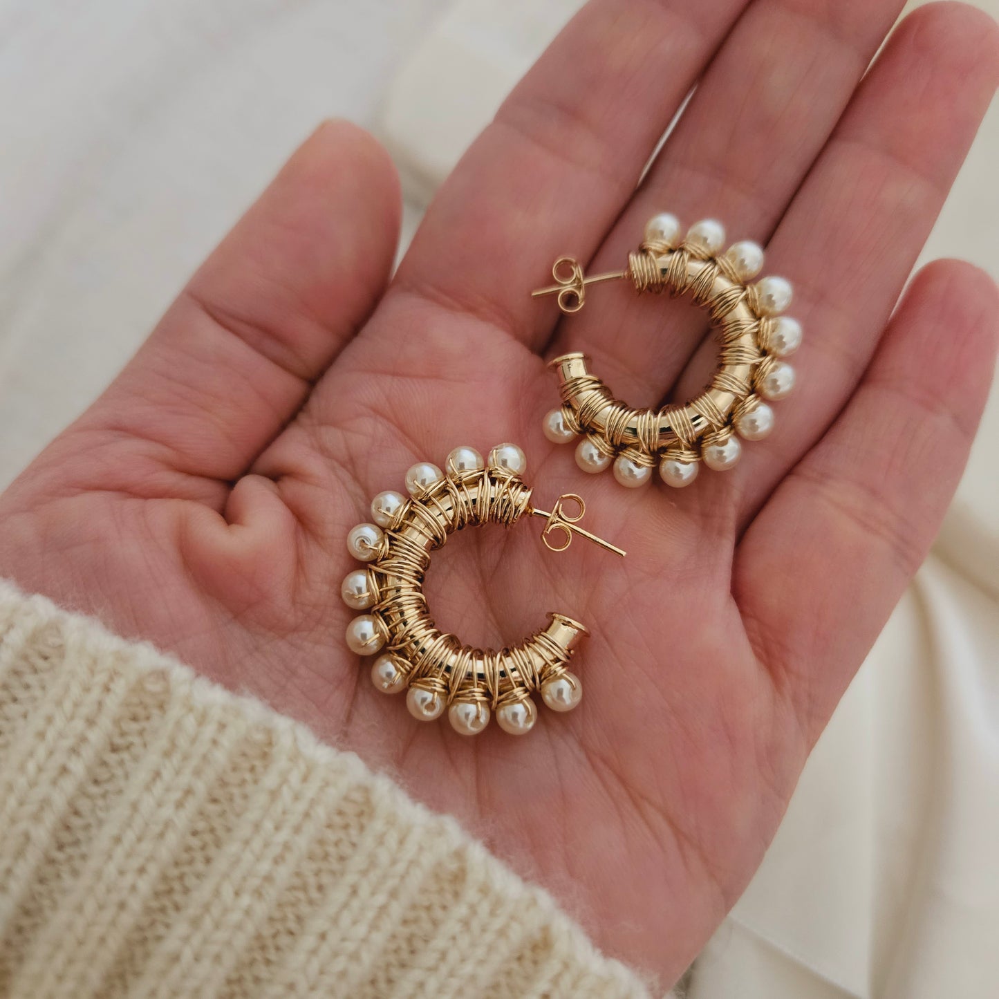 Pearl Hoops Earrings Gold Hoop Earrings  Ball Hoop Earrings