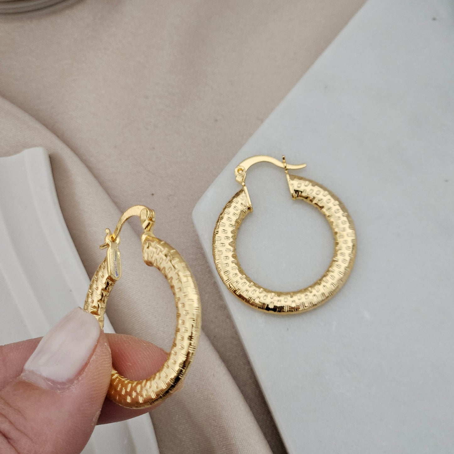 Kalani Non Tarnish Gold Hoop, Light weight Textured Hoops