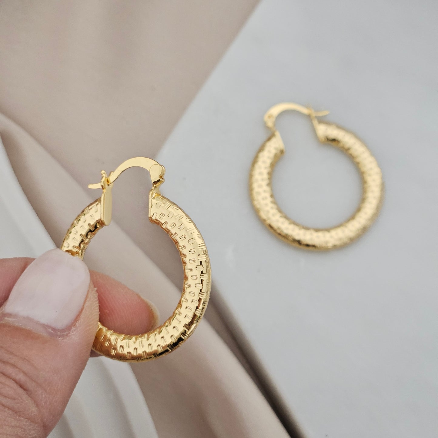 Kalani Non Tarnish Gold Hoop, Light weight Textured Hoops