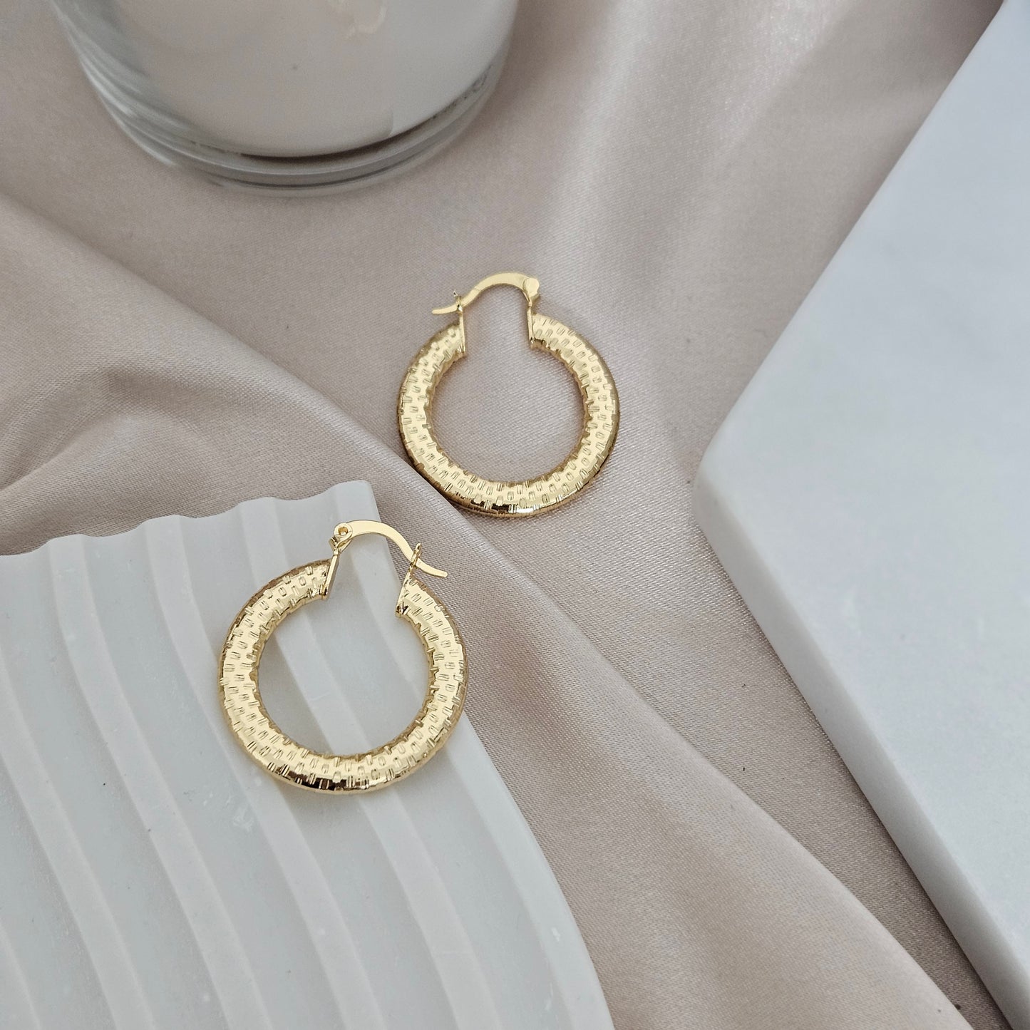 Kalani Non Tarnish Gold Hoop, Light weight Textured Hoops