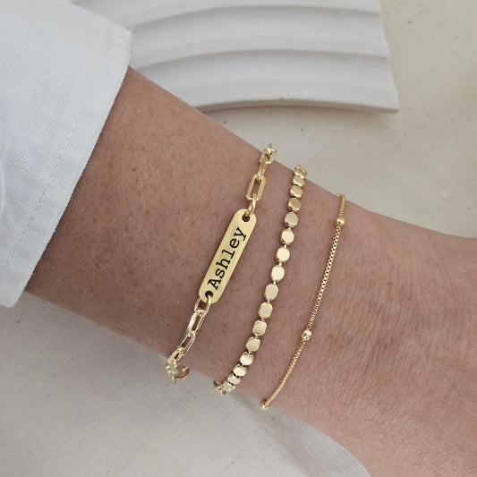 Custom Mini Name Bar Bracelet Set, Dainty Bracelet Gift Set, 18k Gold Filled Layering Bracelet