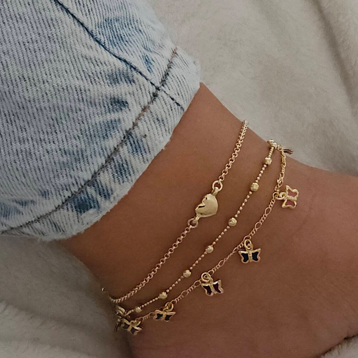 Love butterfly Anklet set, 3 Piece Dainty Anklet Set, Waterproof Gold Anklet, Heart Anklet