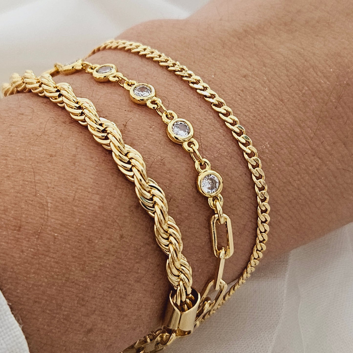 18K Gold Filled, Bracelet Set, Rope Bracelet, Paperclip Bracelet, Cuban Bracelet