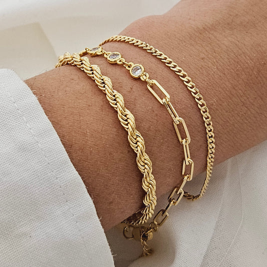 18K Gold Filled, Bracelet Set, Rope Bracelet, Paperclip Bracelet, Cuban Bracelet