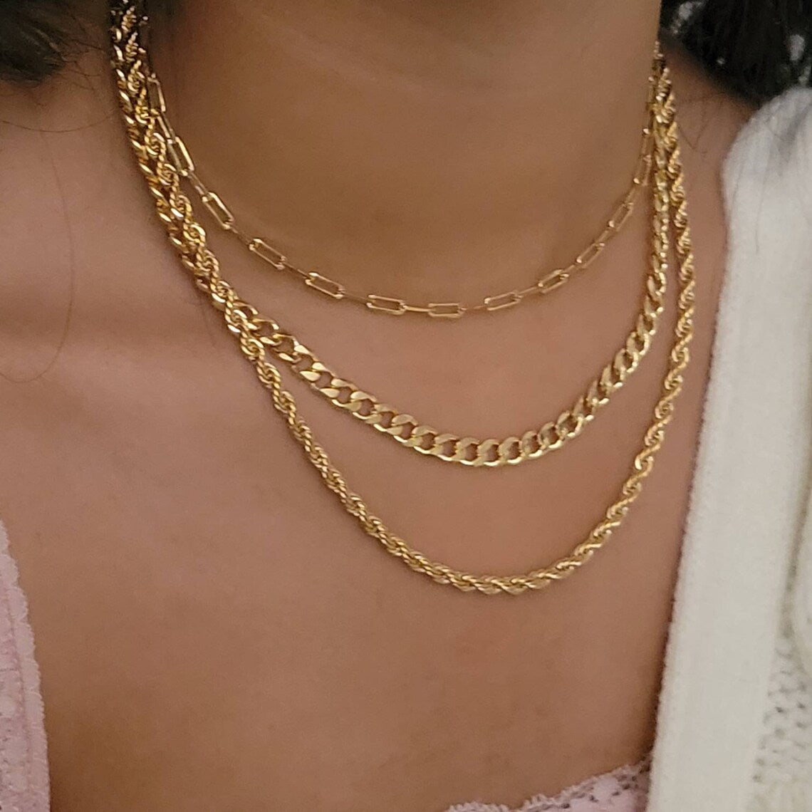 Gold Layer Necklace Set, Cuban Chain Necklace, Paperclip Chain Necklace, Rope Chain Necklace