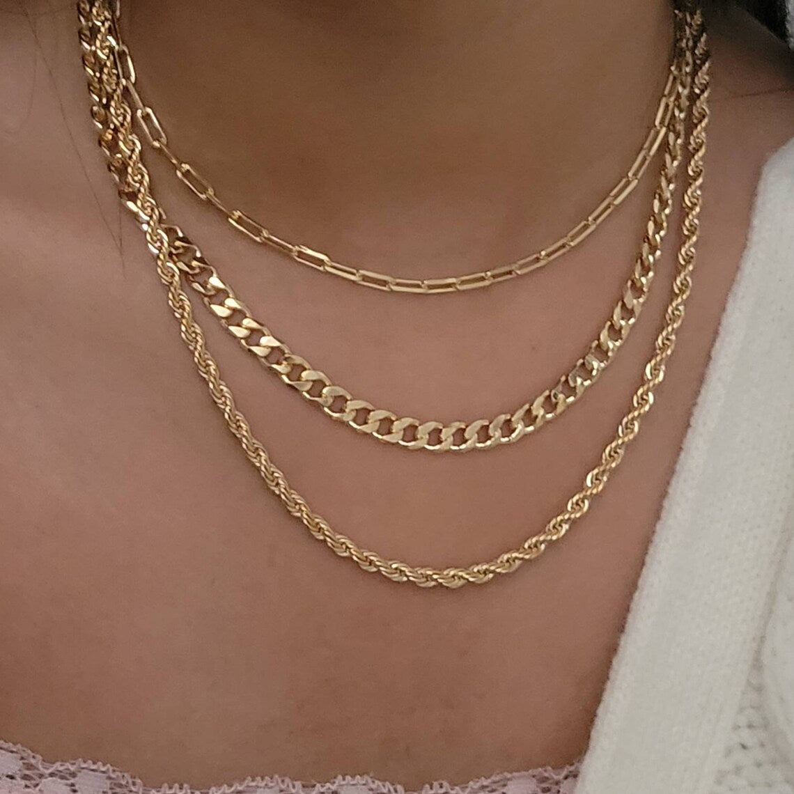 Gold Layer Necklace Set, Cuban Chain Necklace, Paperclip Chain Necklace, Rope Chain Necklace