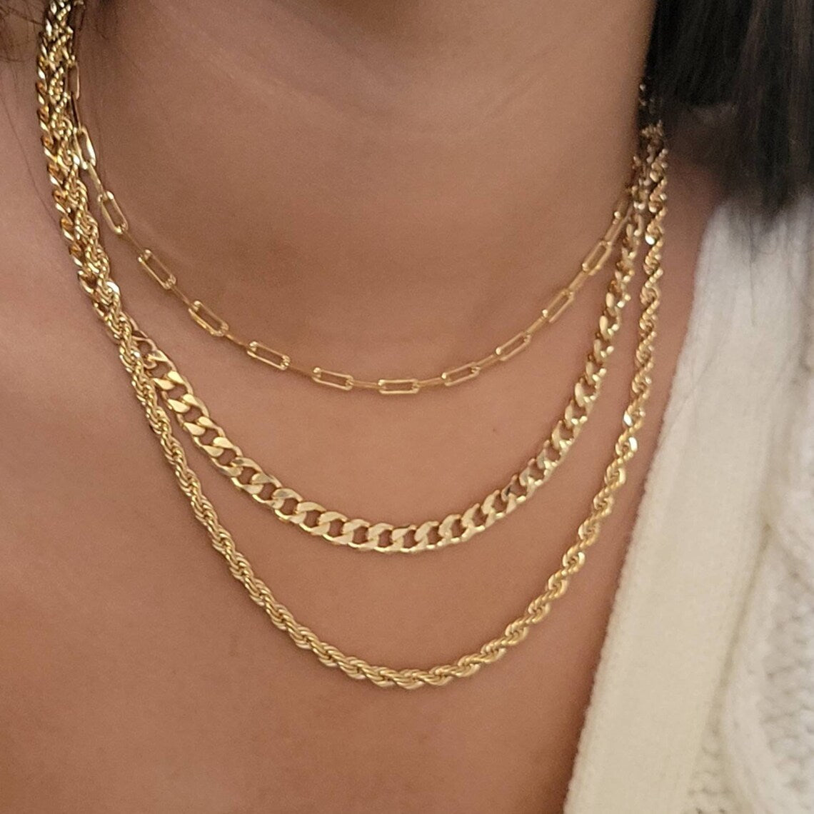 Gold Layer Necklace Set, Cuban Chain Necklace, Paperclip Chain Necklace, Rope Chain Necklace