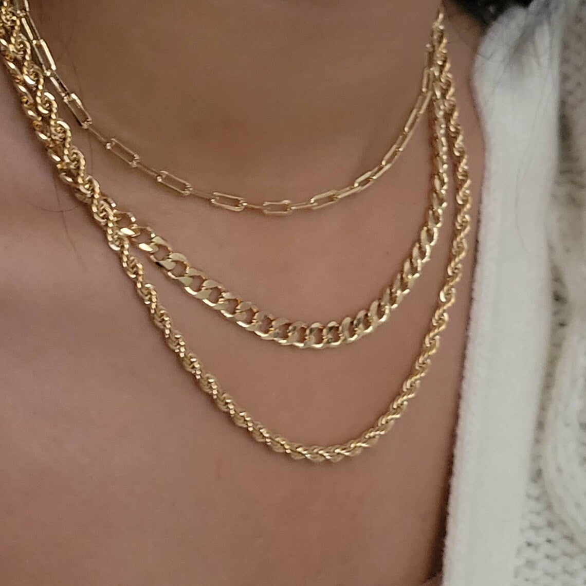 Gold Layer Necklace Set, Cuban Chain Necklace, Paperclip Chain Necklace, Rope Chain Necklace