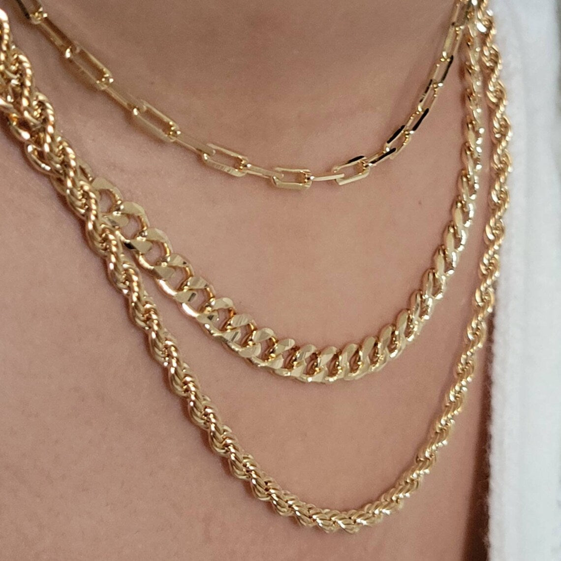 Gold Layer Necklace Set, Cuban Chain Necklace, Paperclip Chain Necklace, Rope Chain Necklace