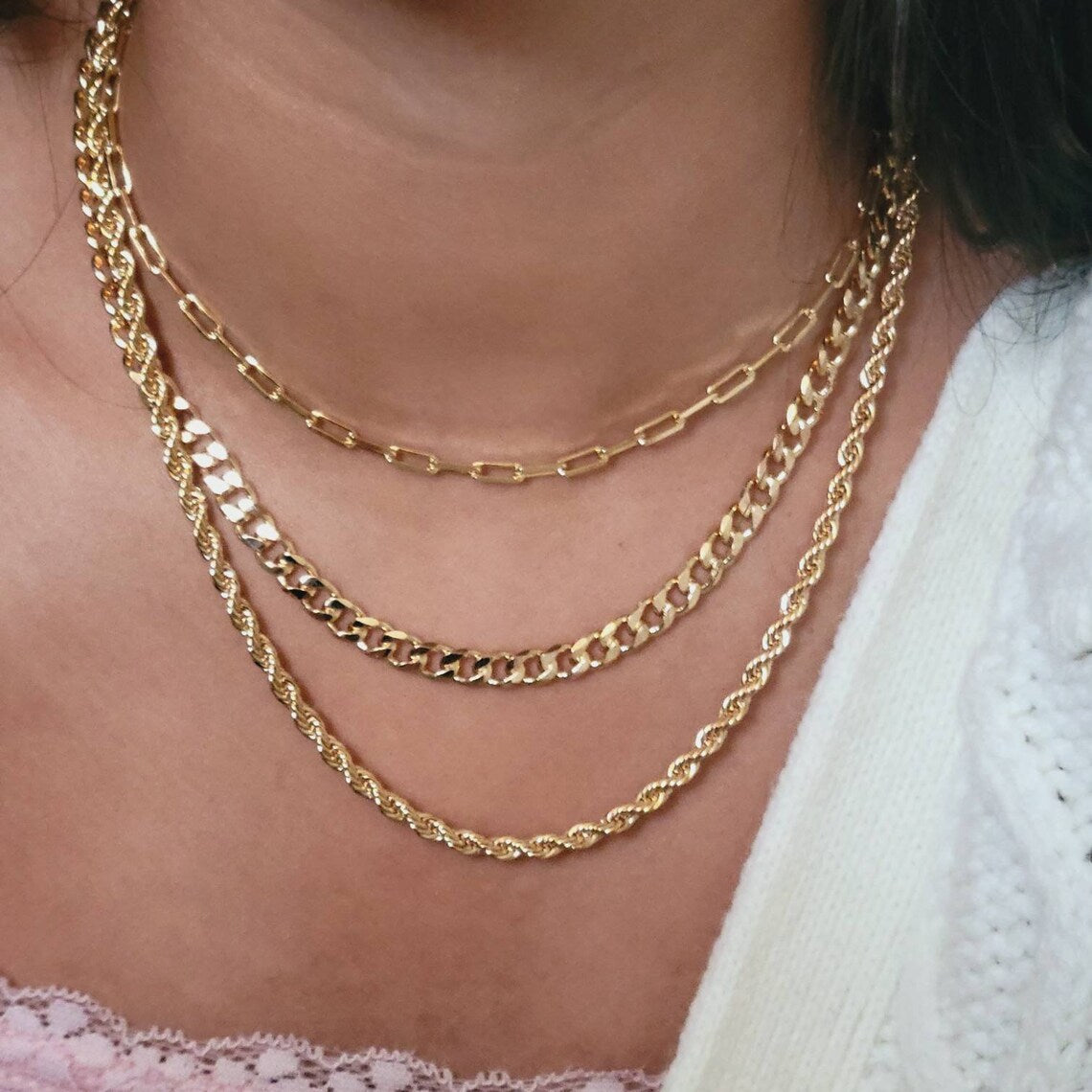 Gold Layer Necklace Set, Cuban Chain Necklace, Paperclip Chain Necklace, Rope Chain Necklace