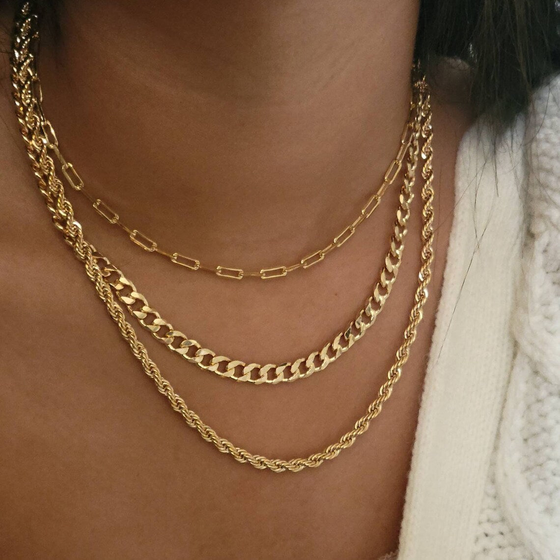 Gold Layer Necklace Set, Cuban Chain Necklace, Paperclip Chain Necklace, Rope Chain Necklace